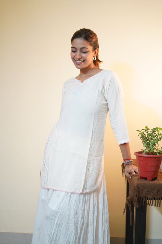 Ivory White Tunic with Pastel Thread Embroidery