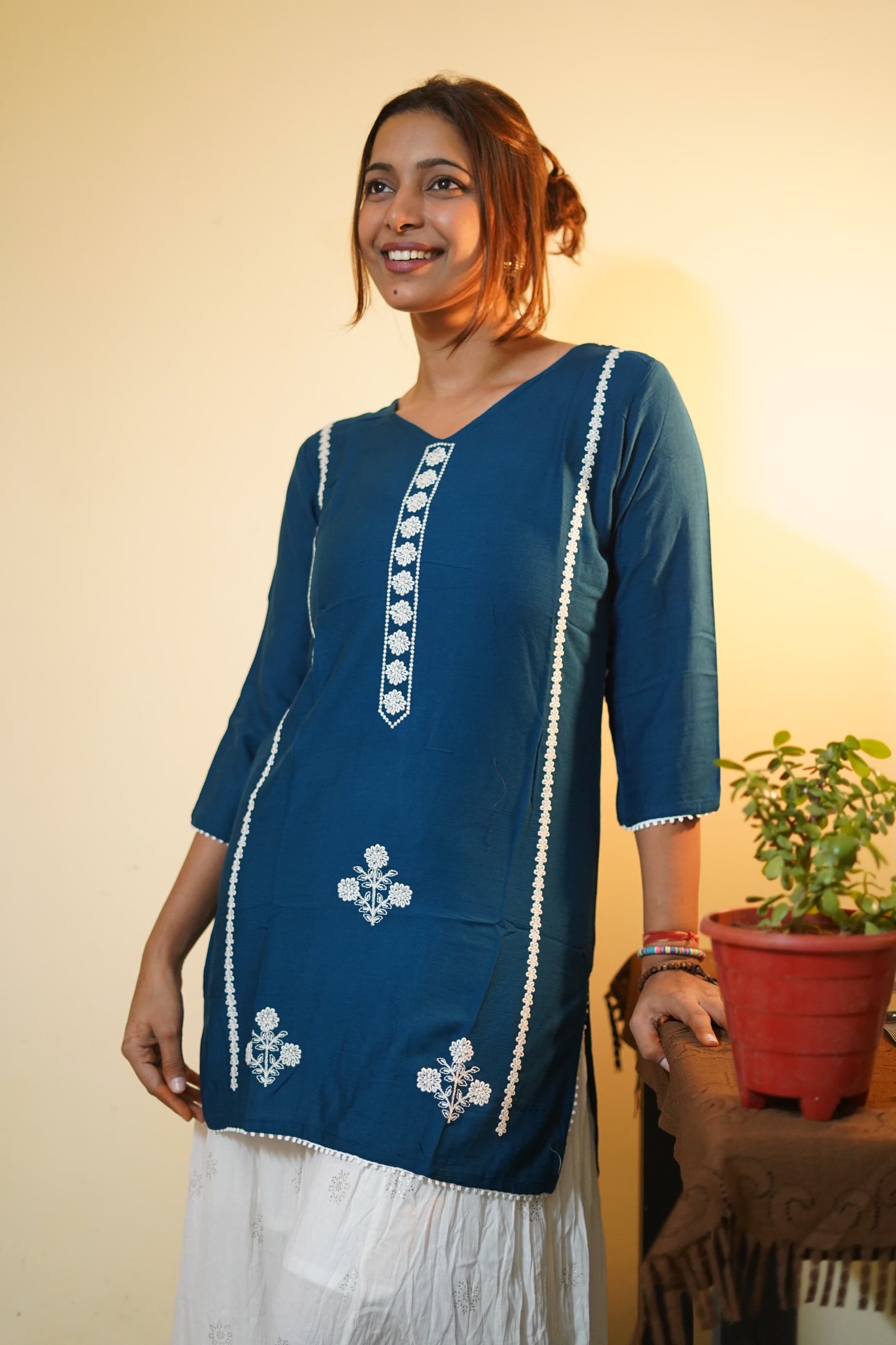 Teal Blue Floral Embroidered Rayon Tunic