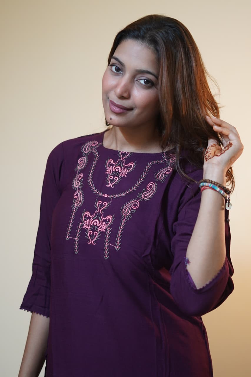Elegant Plum Embroidered Rayon Tunic