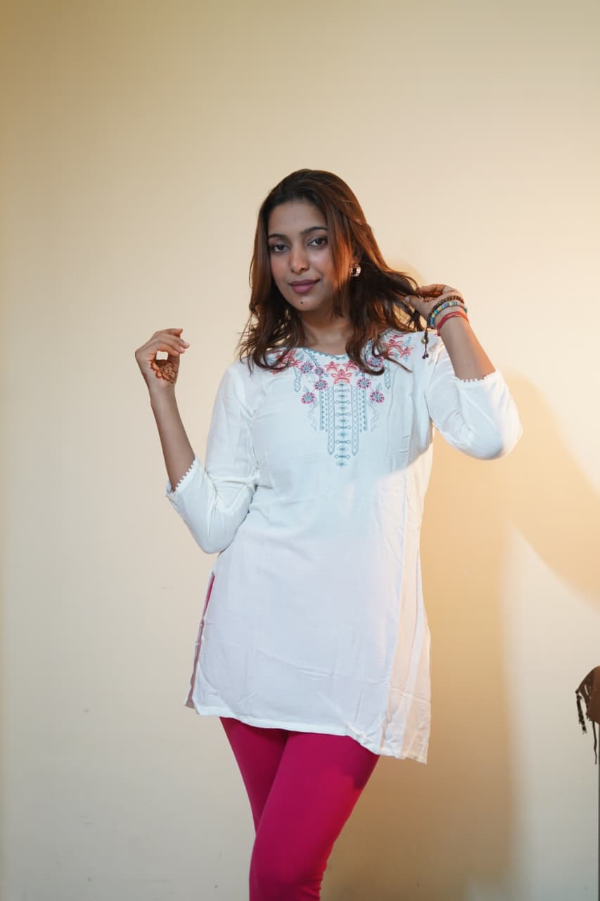 Off-White Rayon Tunic with Pastel Thread Embroidery