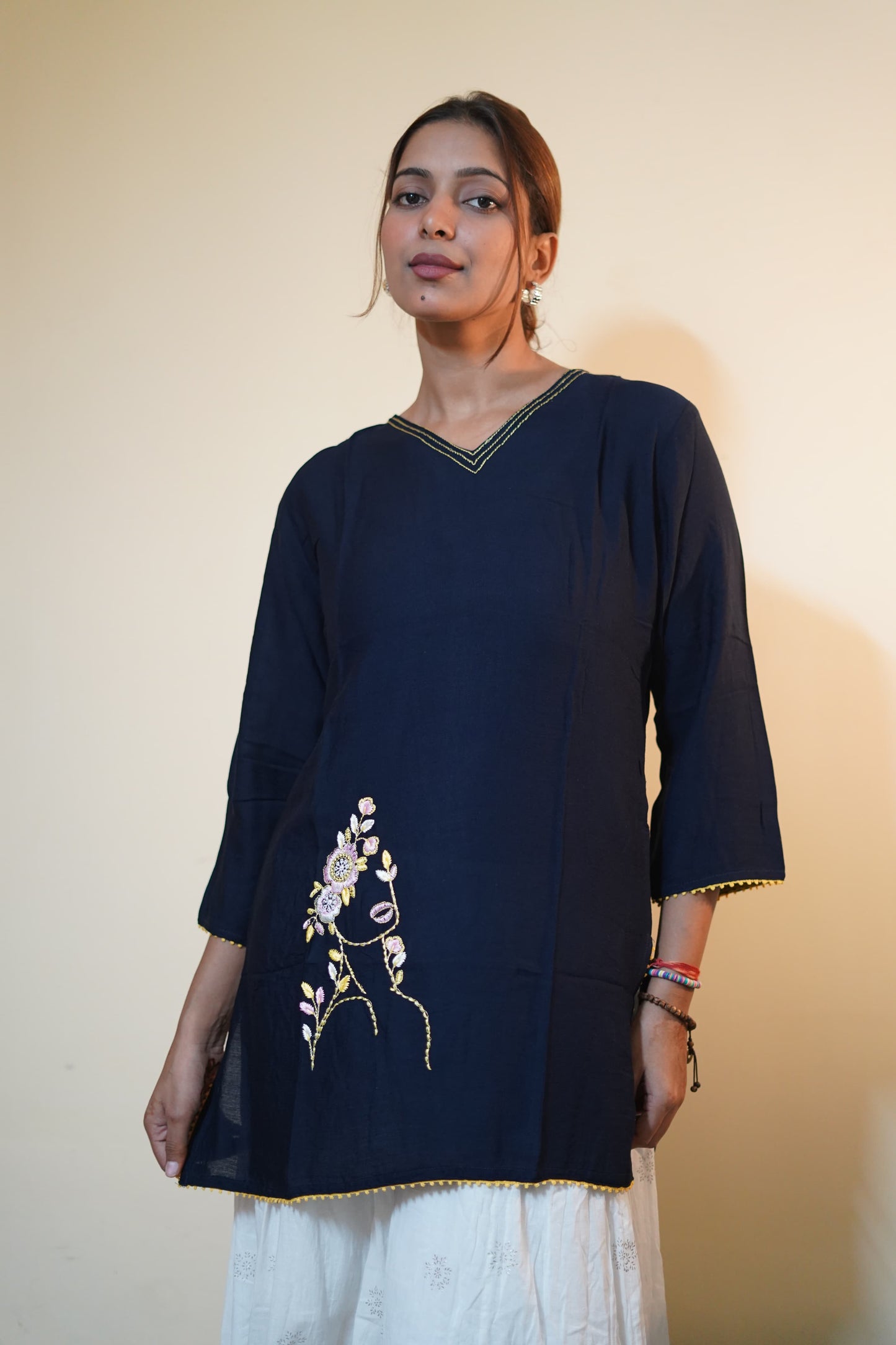 Noor Navy Blue Rayon Embroidered Tunic