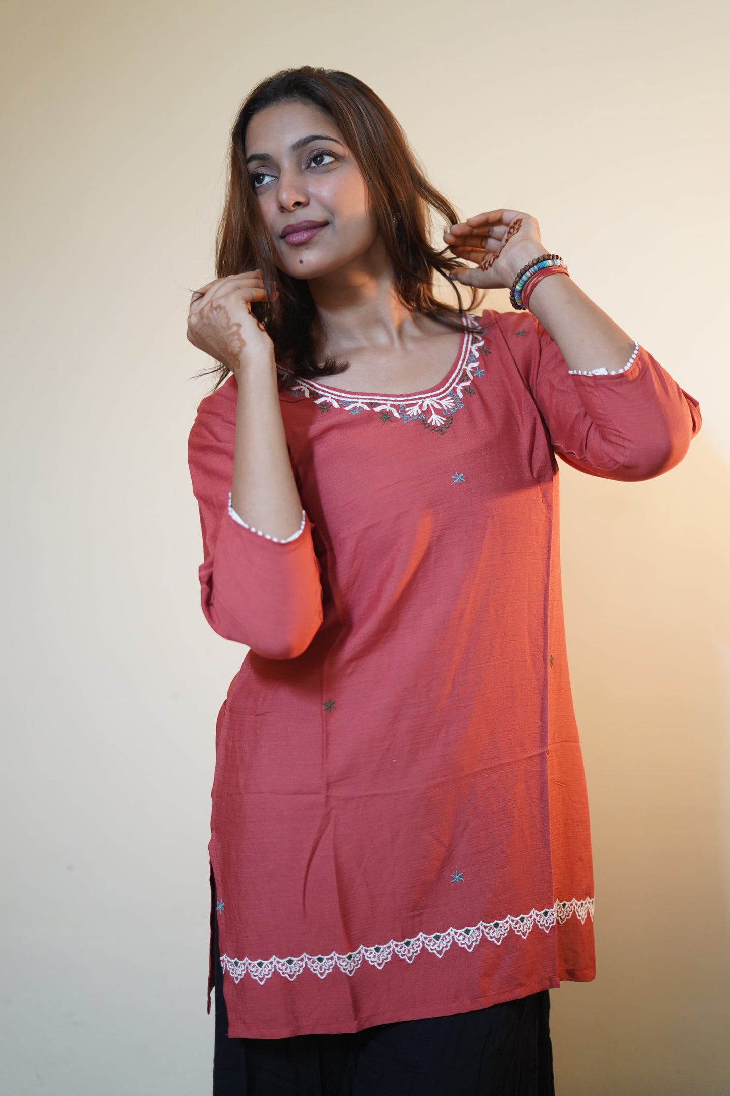 Rust Rose Embroidered Rayon Tunic