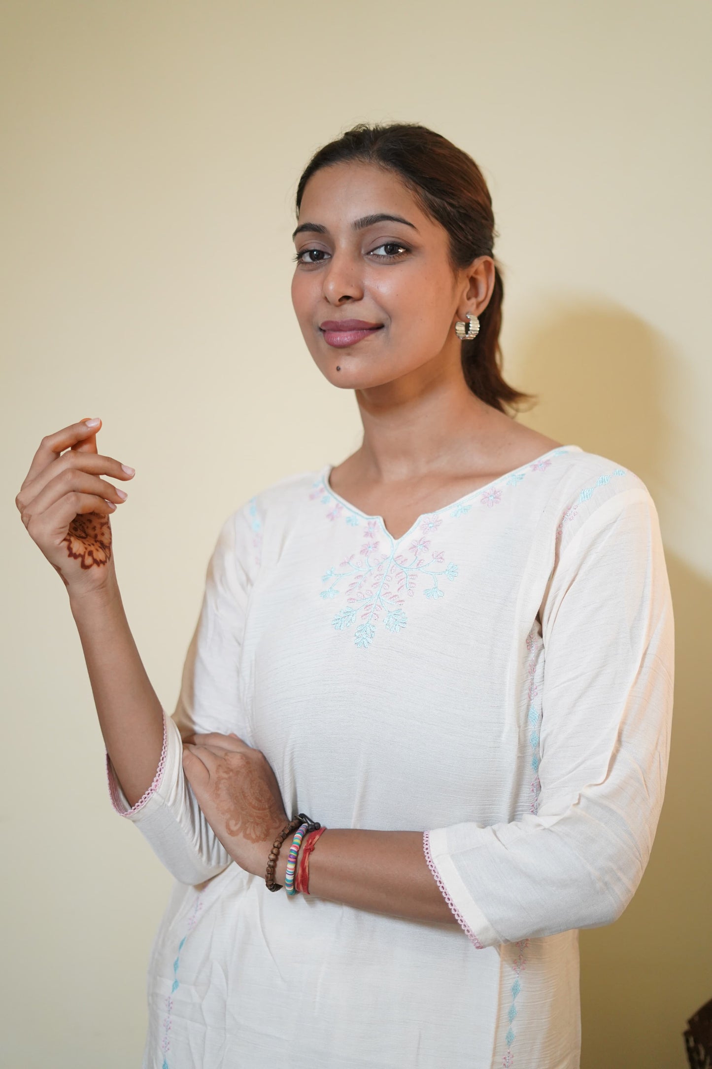 Ivory White Tunic with Pastel Thread Embroidery