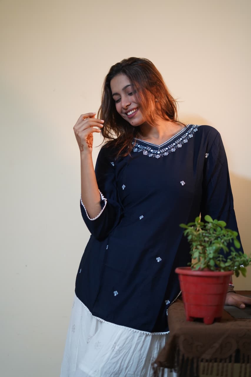 Navy Blue Tunic with Delicate Neck Embroidery