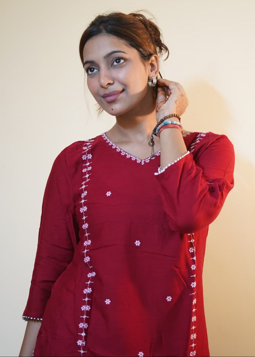 Gul Red Rayon Embroidered Tunic