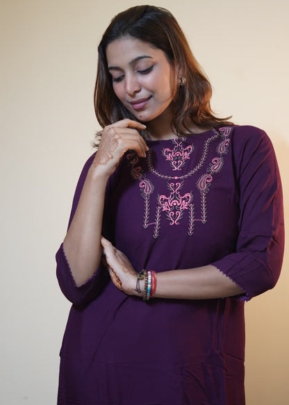 Elegant Plum Embroidered Rayon Tunic