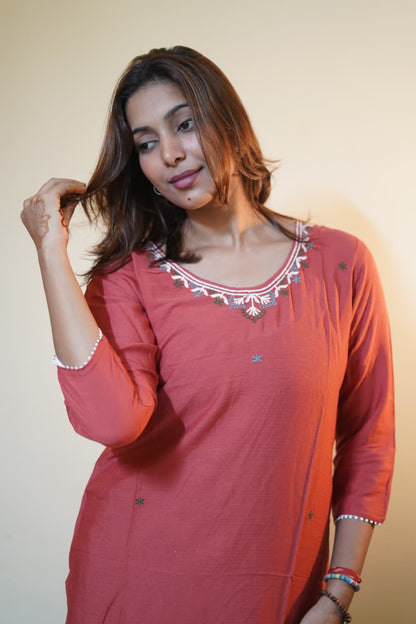 Rust Rose Embroidered Rayon Tunic