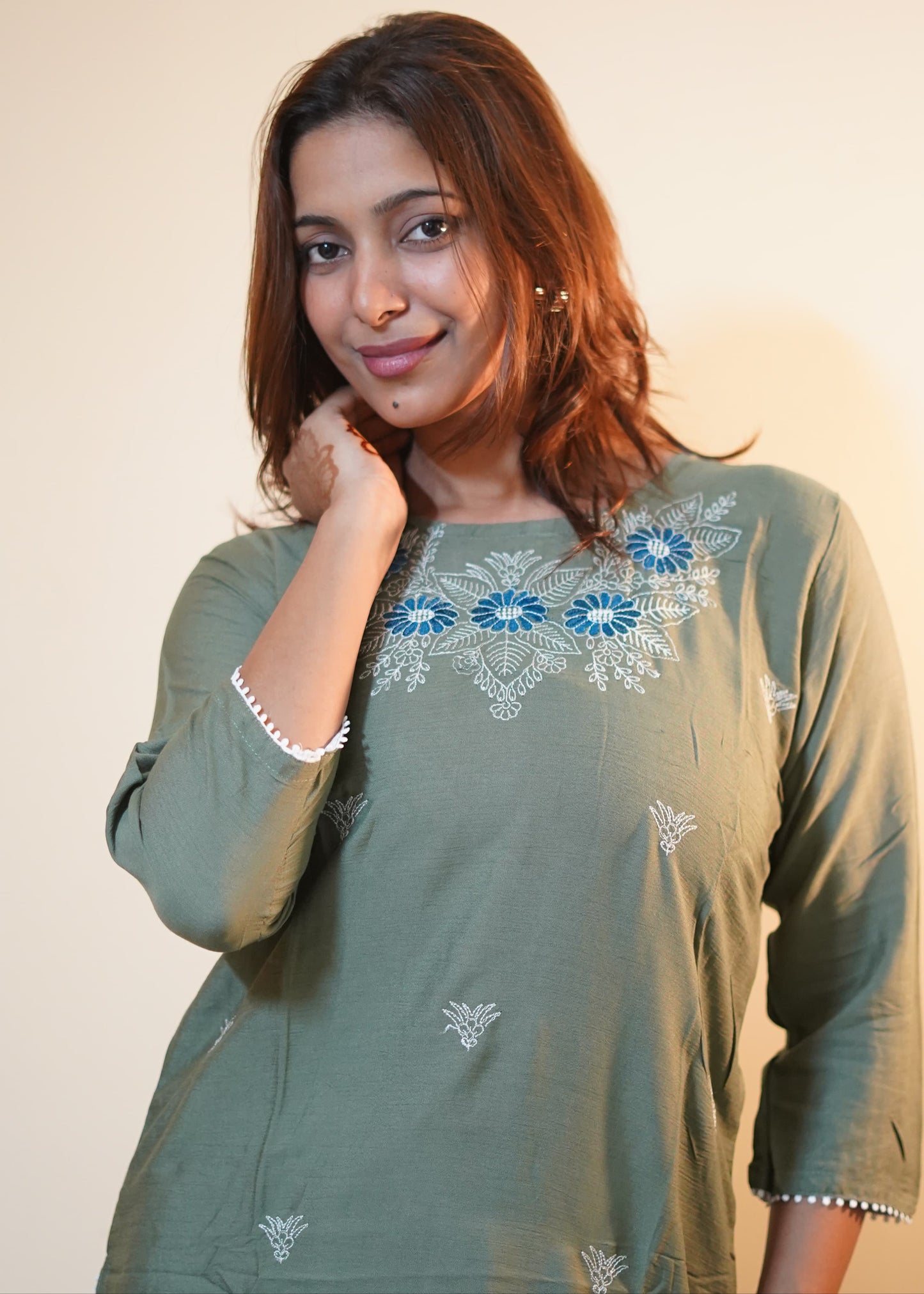 Sage Green Floral Yoke Embroidered Rayon Tunic