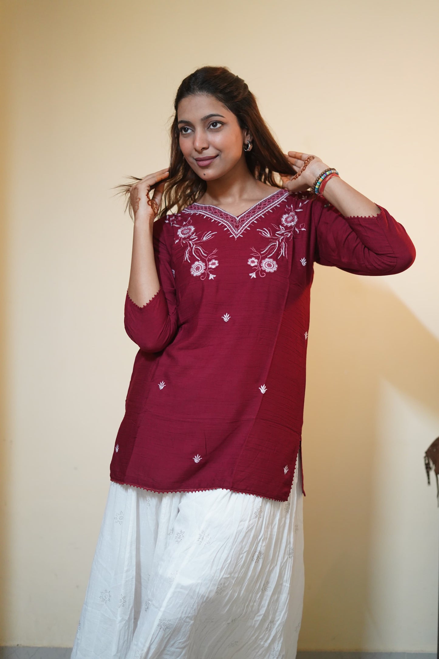 Maroon Floral Yoke Embroidered Tunic