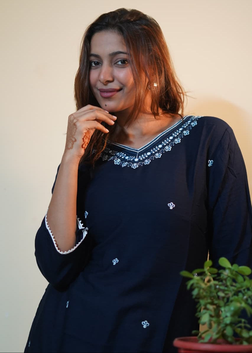 Navy Blue Tunic with Delicate Neck Embroidery