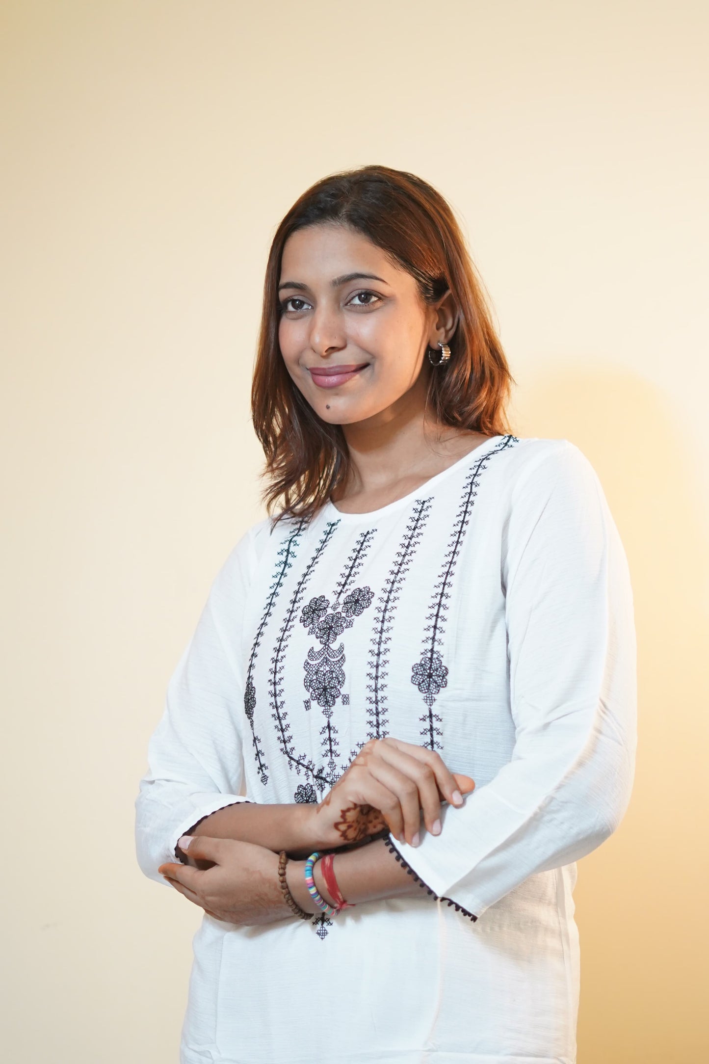 White & Black Floral Panel Embroidered Tunic
