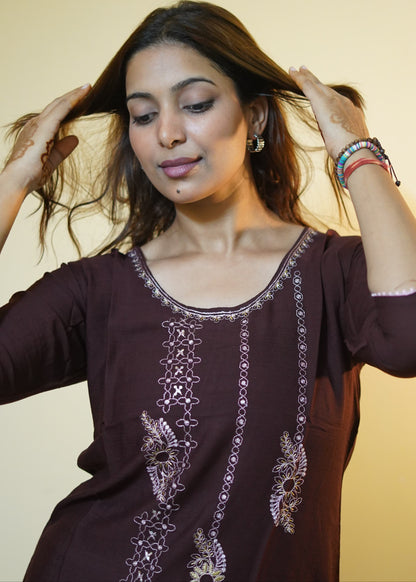 Coffee Brown Floral Embroidered Tunic