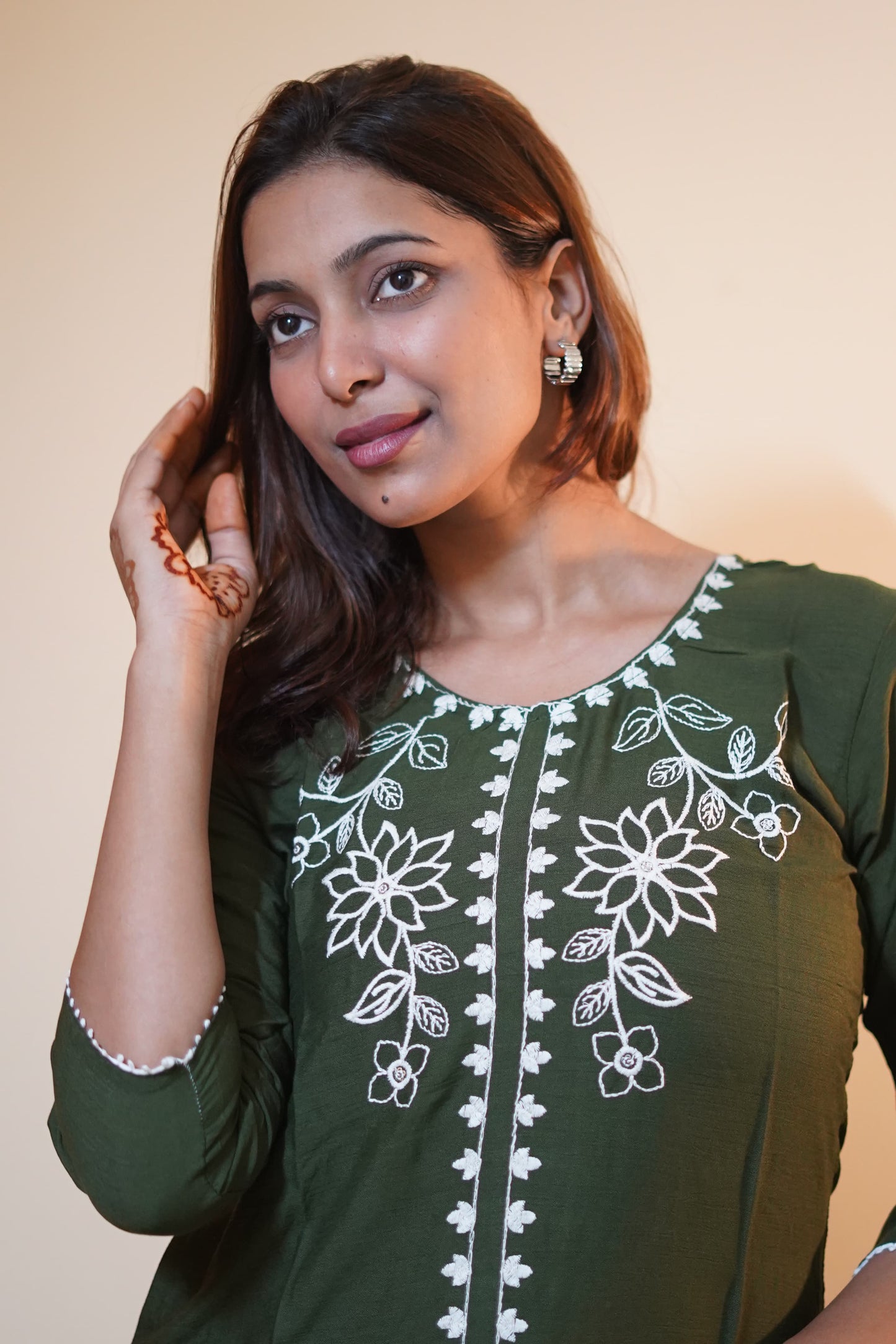Olive Green Tunic with White Floral Embroidery