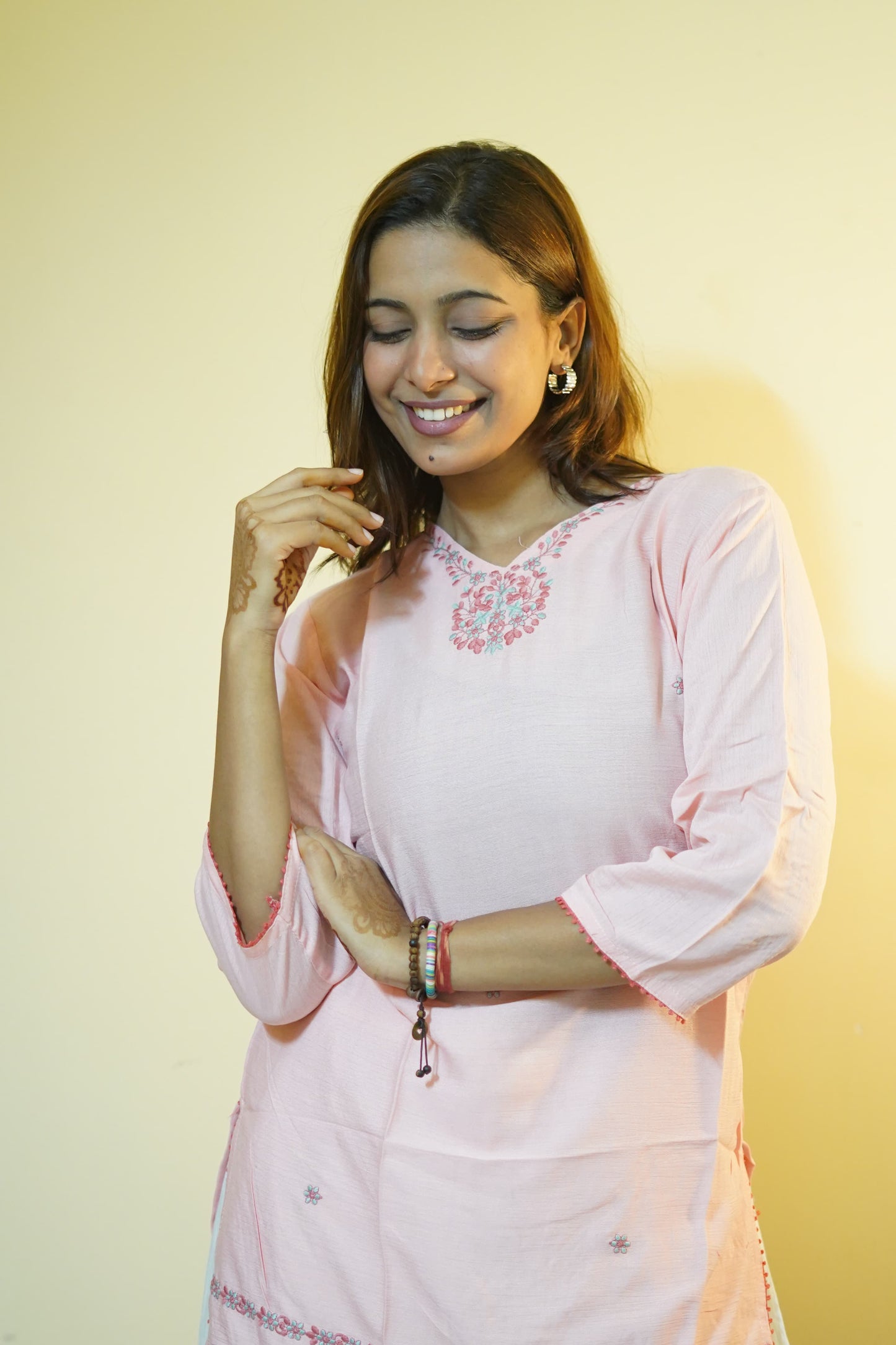 Blush Pink Floral Yoke Embroidered Tunic