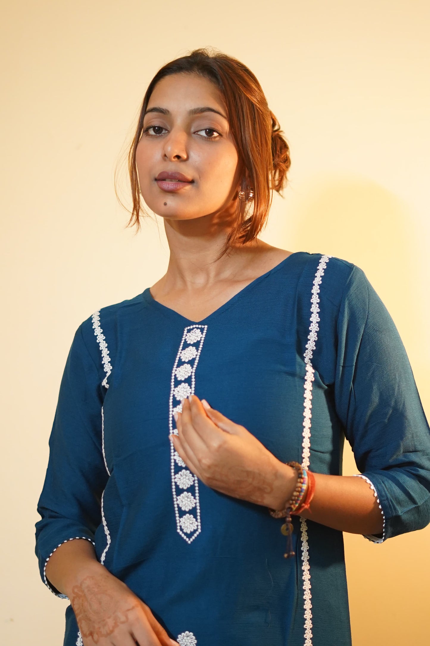 Teal Blue Floral Embroidered Rayon Tunic