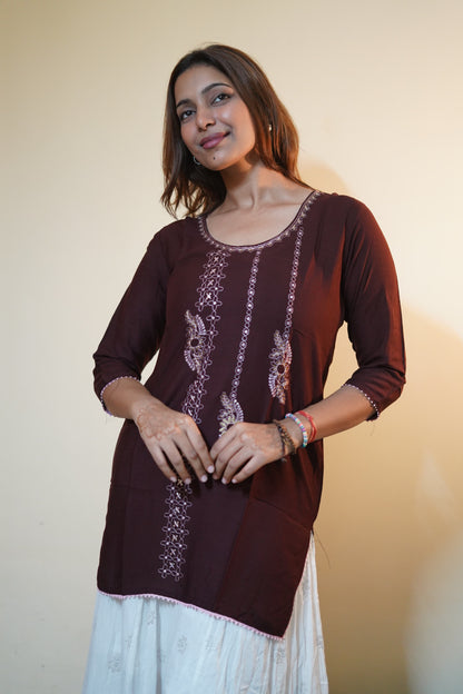 Coffee Brown Floral Embroidered Tunic