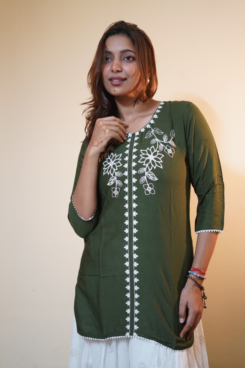 Olive Green Tunic with White Floral Embroidery