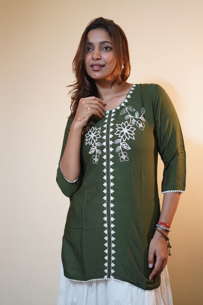 Olive Green Tunic with White Floral Embroidery