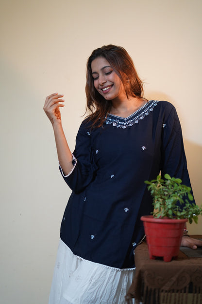 Navy Blue Tunic with Delicate Neck Embroidery