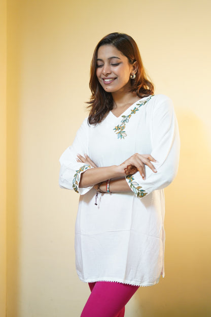 White Bloom V-Neck Embroidered Tunic
