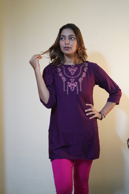 Elegant Plum Embroidered Rayon Tunic