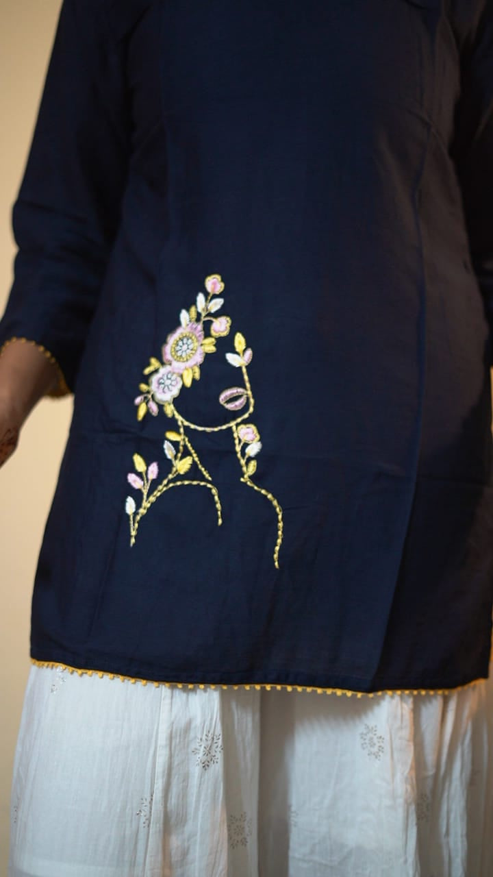 Noor Navy Blue Rayon Embroidered Tunic