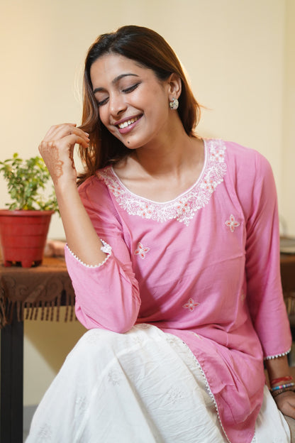 Blush Pink Floral Neck Embroidered Tunic