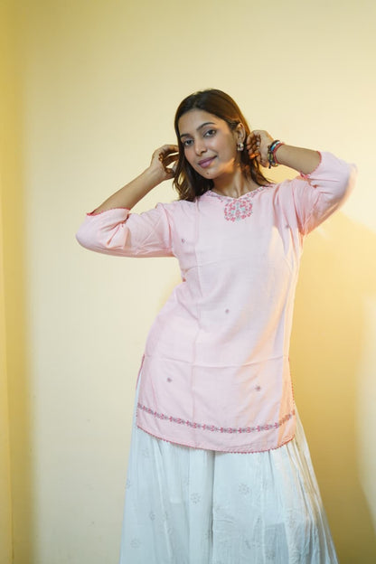Blush Pink Floral Yoke Embroidered Tunic