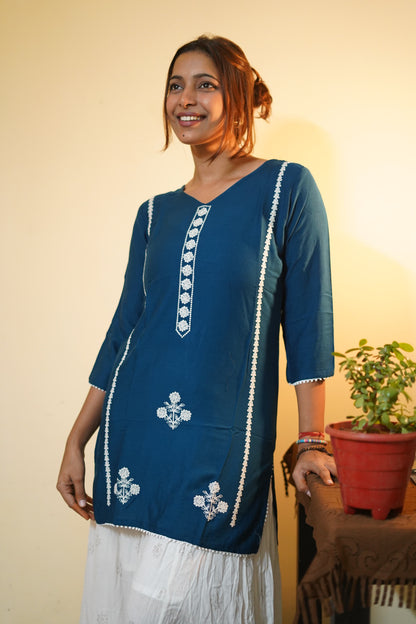Teal Blue Floral Embroidered Rayon Tunic