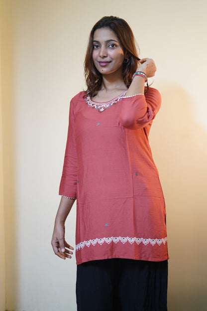 Rust Rose Embroidered Rayon Tunic
