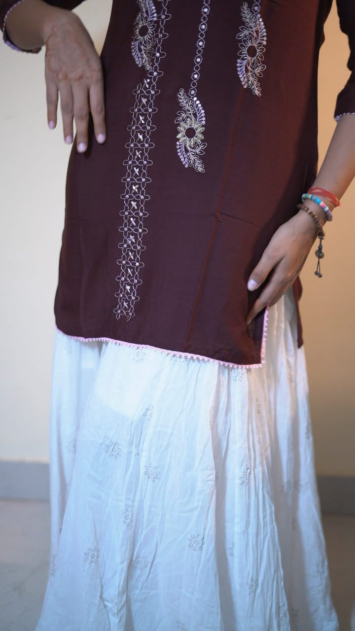 Coffee Brown Floral Embroidered Tunic