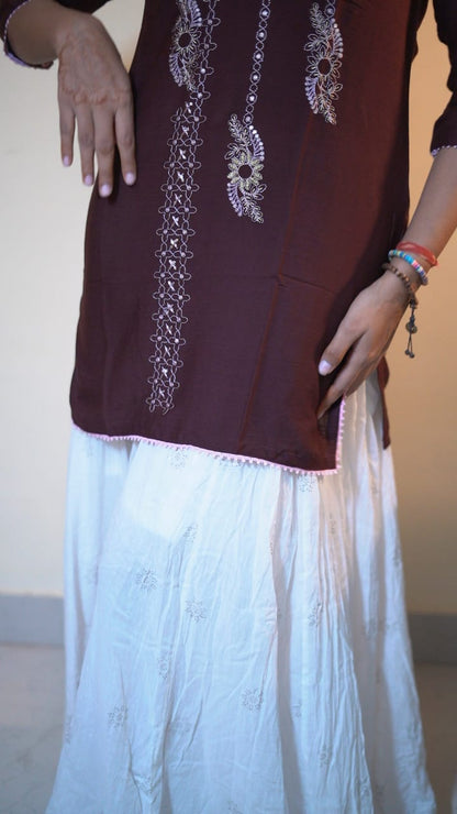 Coffee Brown Floral Embroidered Tunic