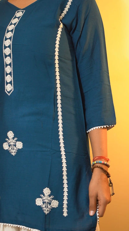 Teal Blue Floral Embroidered Rayon Tunic