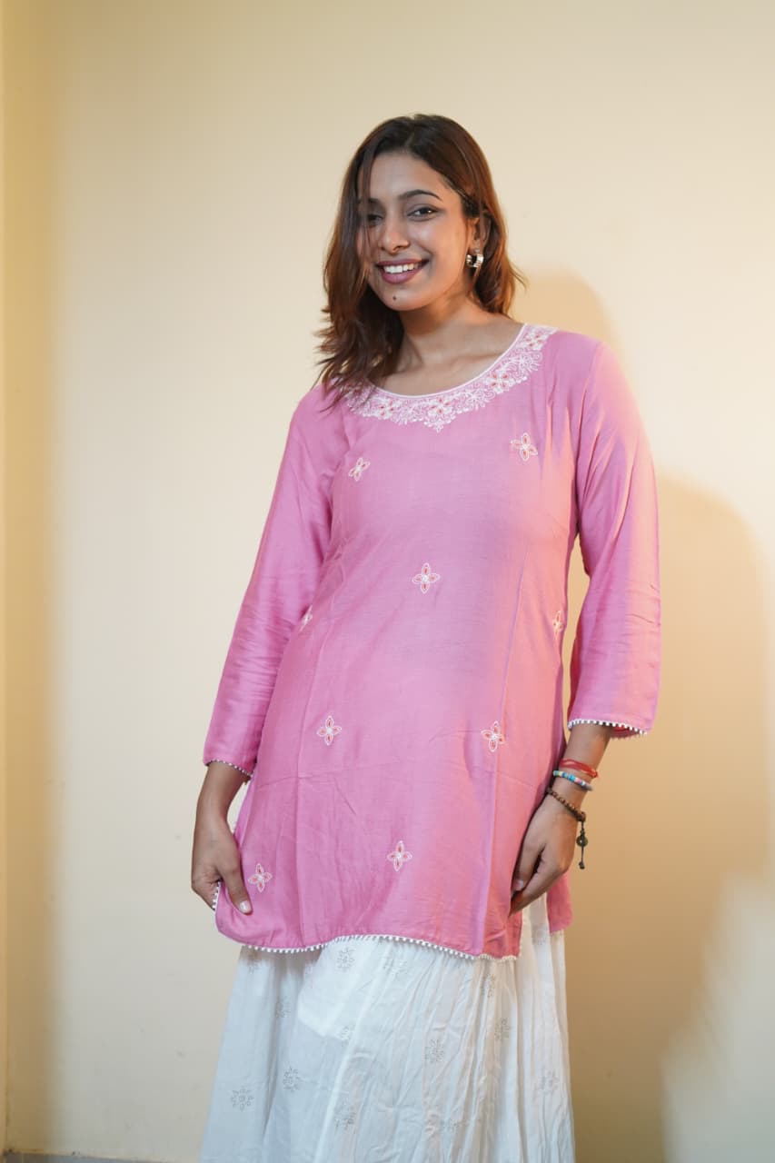 Blush Pink Floral Neck Embroidered Tunic