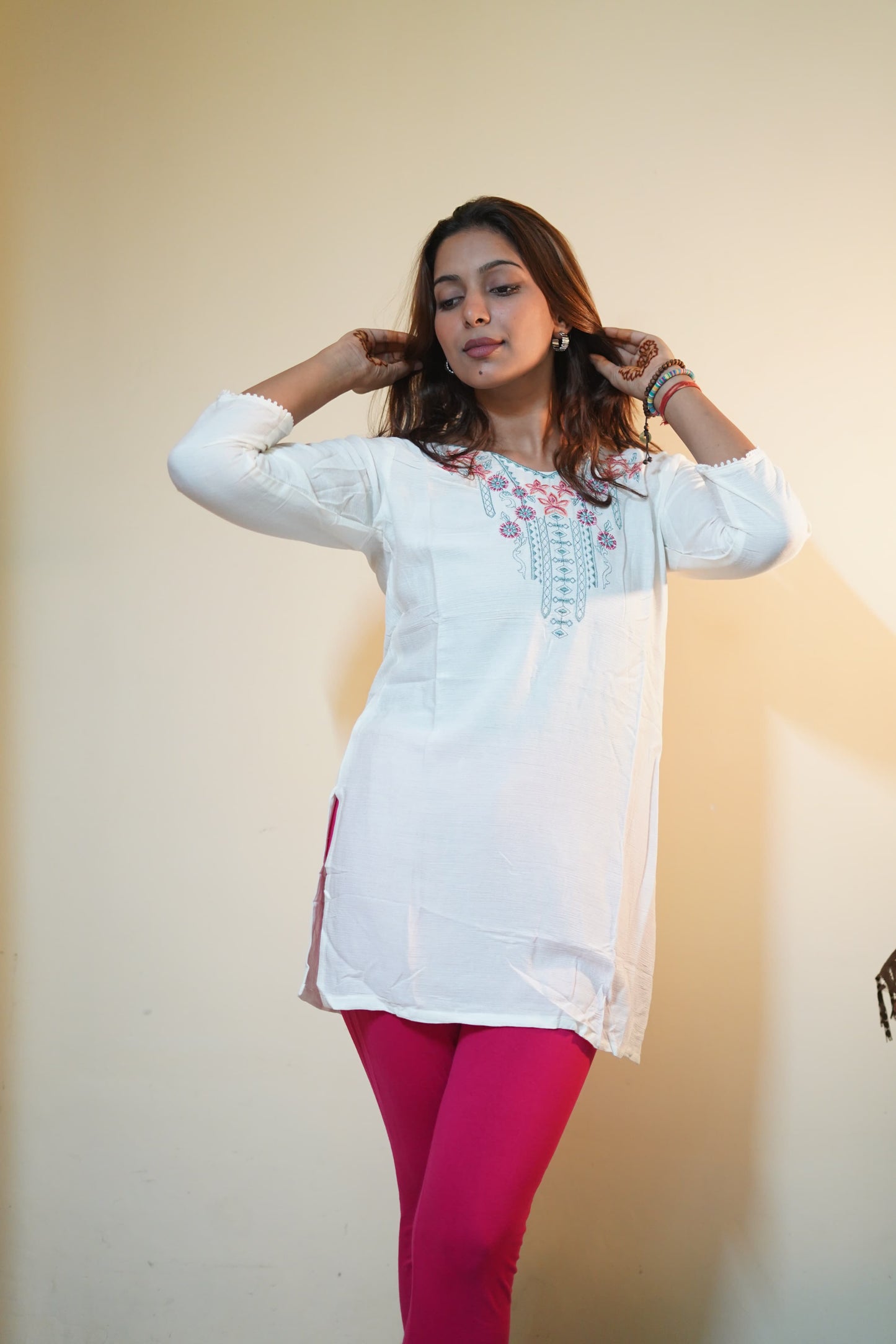 Off-White Rayon Tunic with Pastel Thread Embroidery