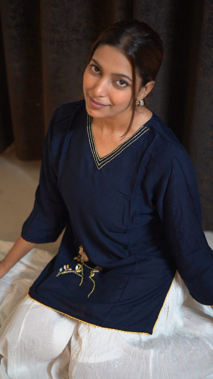 Noor Navy Blue Rayon Embroidered Tunic