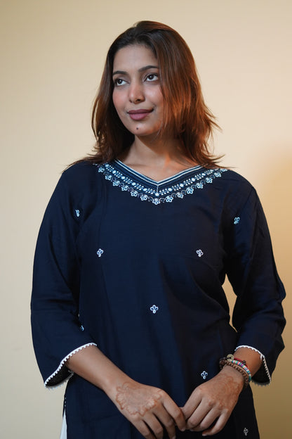 Navy Blue Tunic with Delicate Neck Embroidery