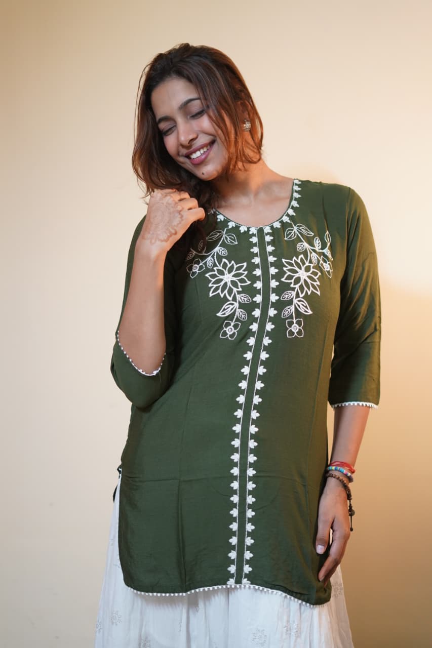 Olive Green Tunic with White Floral Embroidery