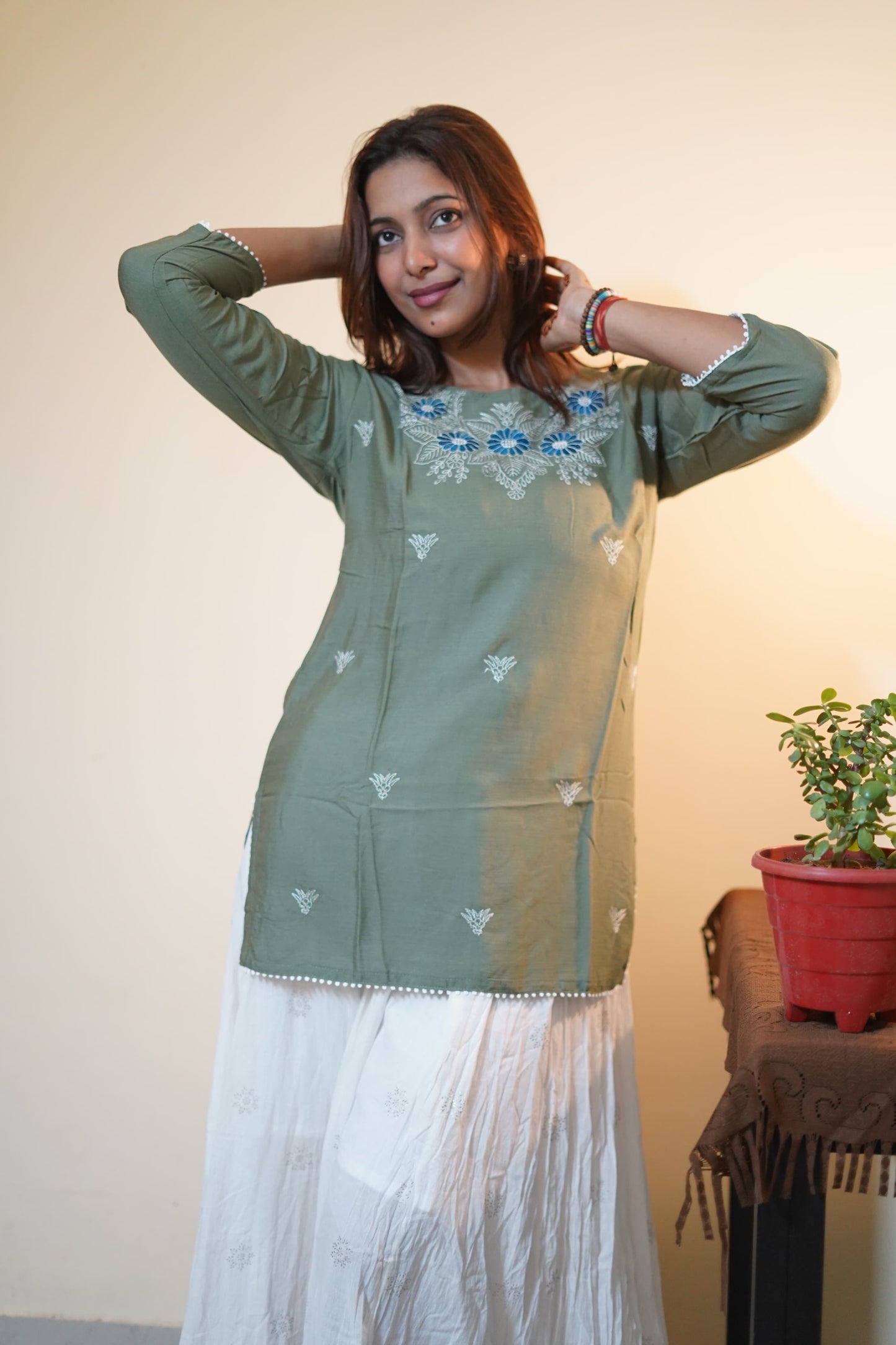 Sage Green Floral Yoke Embroidered Rayon Tunic