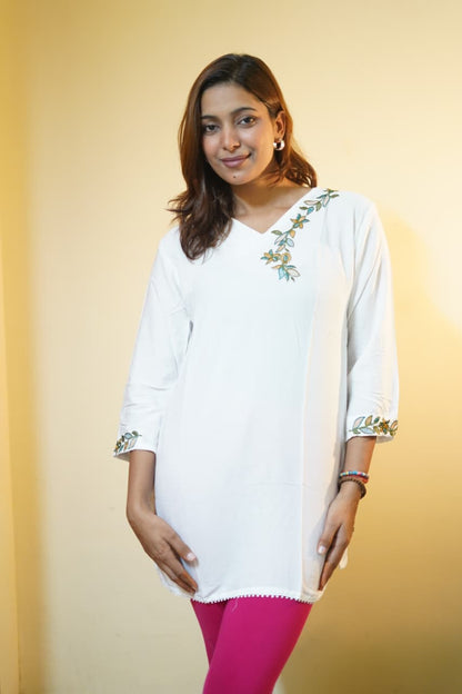 White Bloom V-Neck Embroidered Tunic