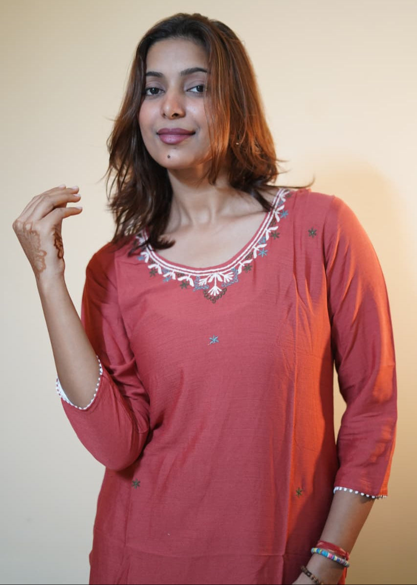 Rust Rose Embroidered Rayon Tunic