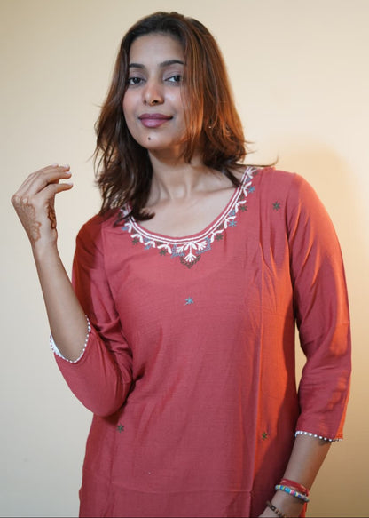 Rust Rose Embroidered Rayon Tunic