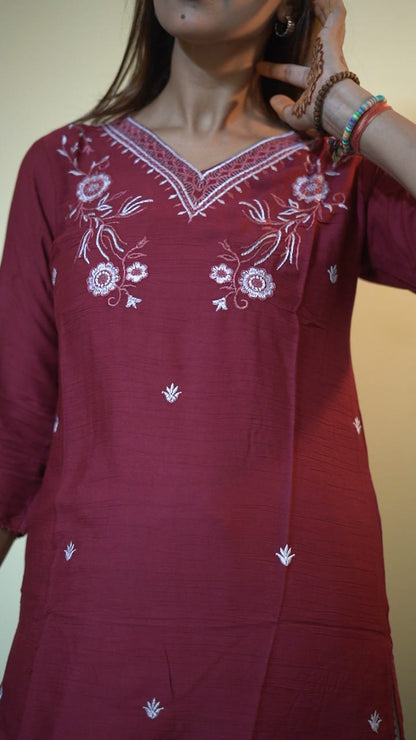 Maroon Floral Yoke Embroidered Tunic