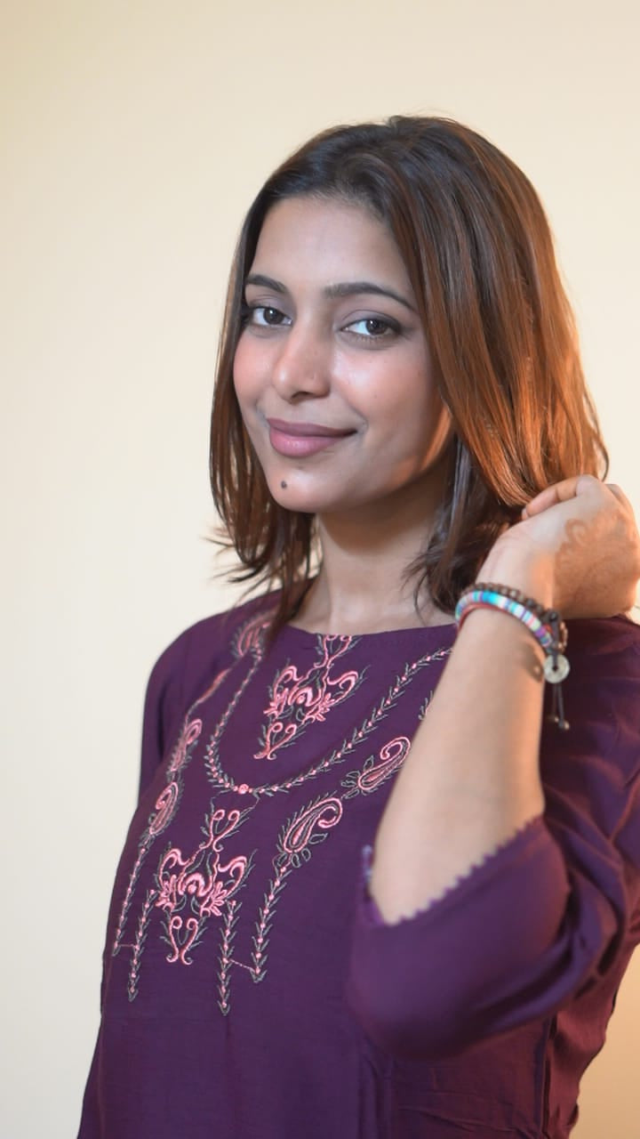 Elegant Plum Embroidered Rayon Tunic