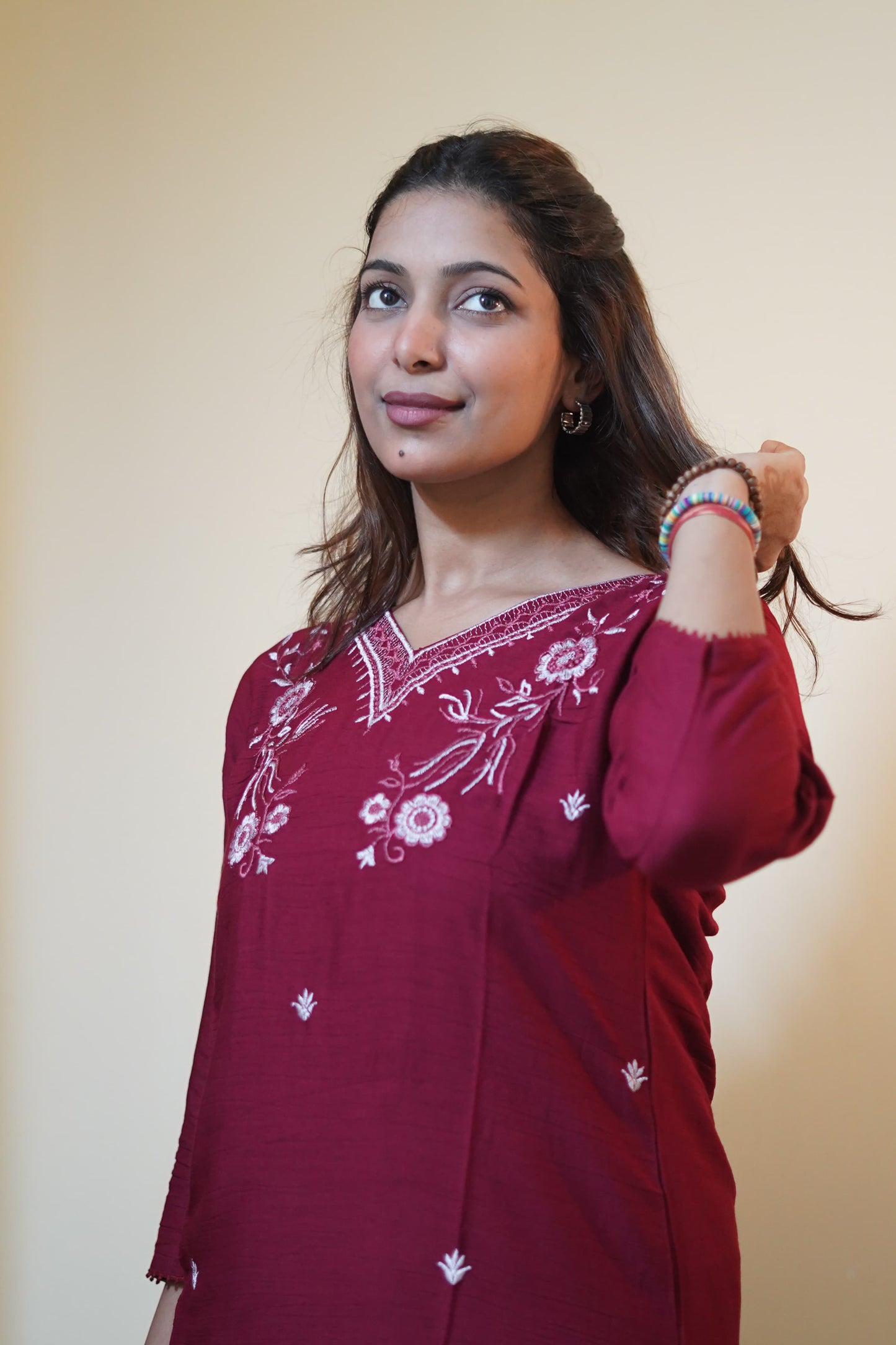 Maroon Floral Yoke Embroidered Tunic