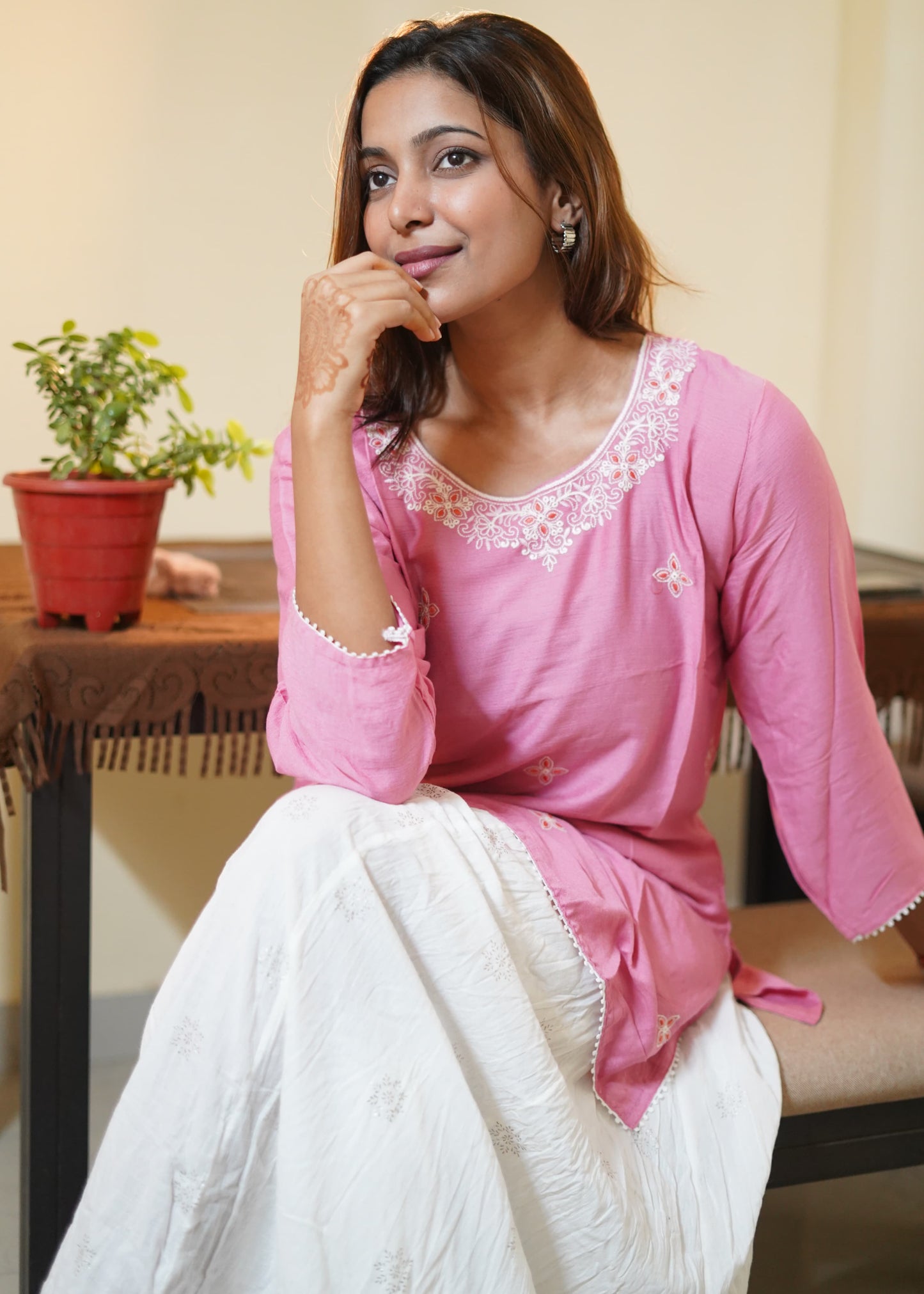 Blush Pink Floral Neck Embroidered Tunic