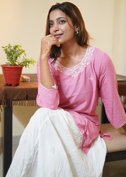 Blush Pink Floral Neck Embroidered Tunic