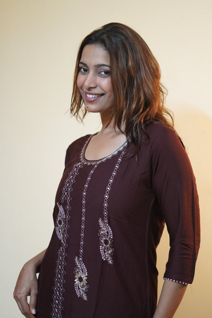 Coffee Brown Floral Embroidered Tunic