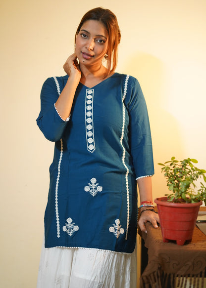 Teal Blue Floral Embroidered Rayon Tunic