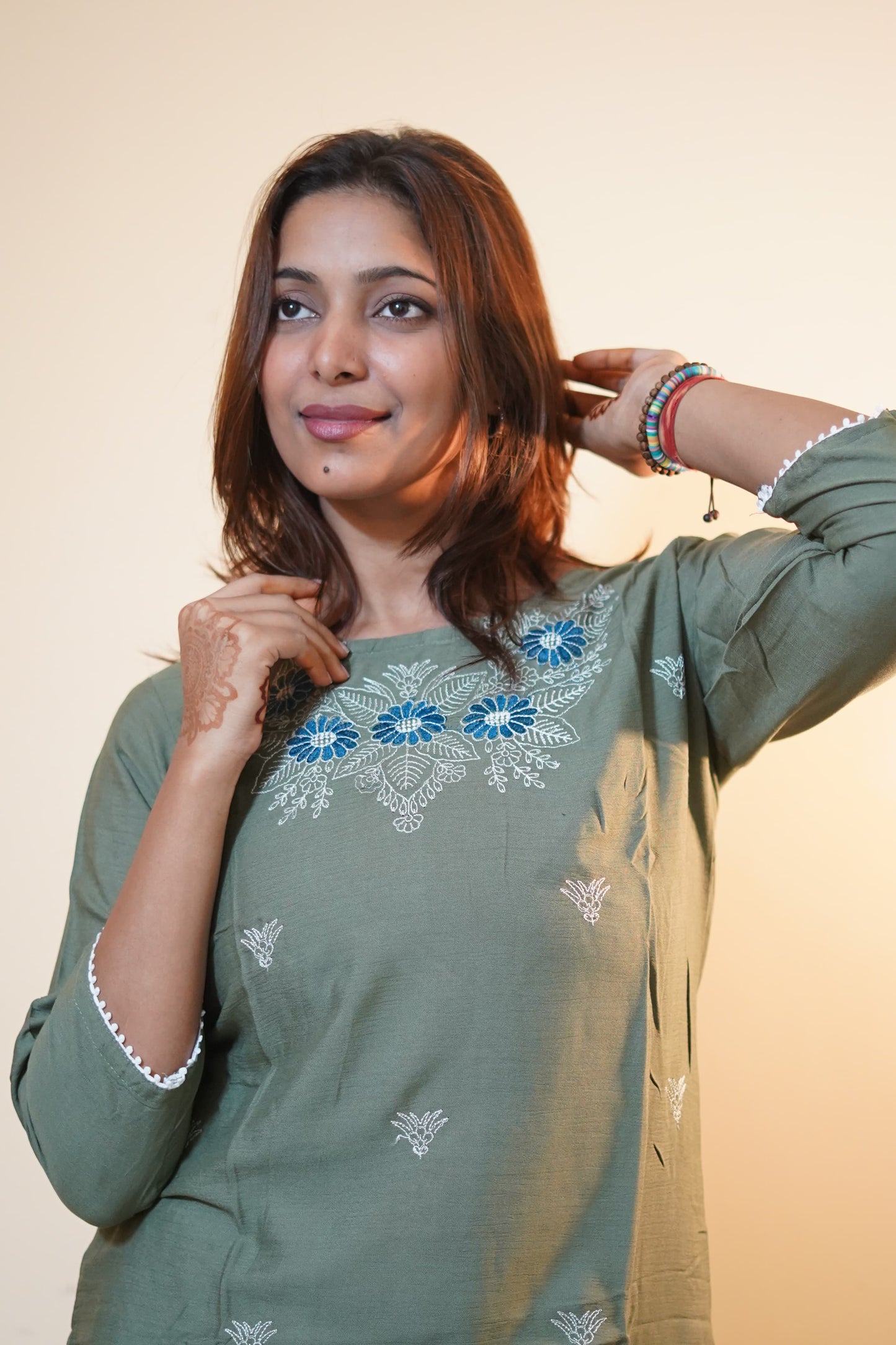 Sage Green Floral Yoke Embroidered Rayon Tunic